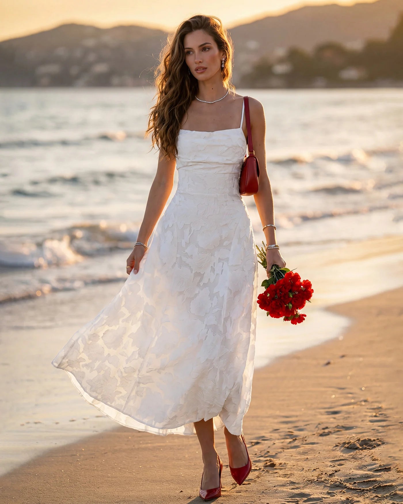ALBI | Vestido largo lencero de jacquard blanco con cruz en forma de X